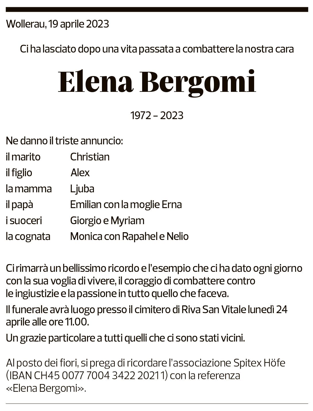 Annuncio funebre Elena Bergomi