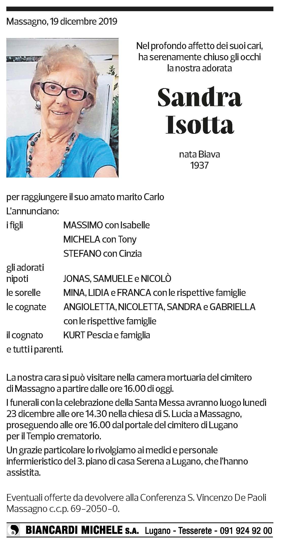 Annuncio funebre Sandra Isotta