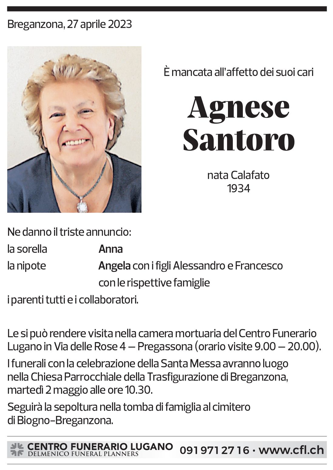 Annuncio funebre Agnese Santoro