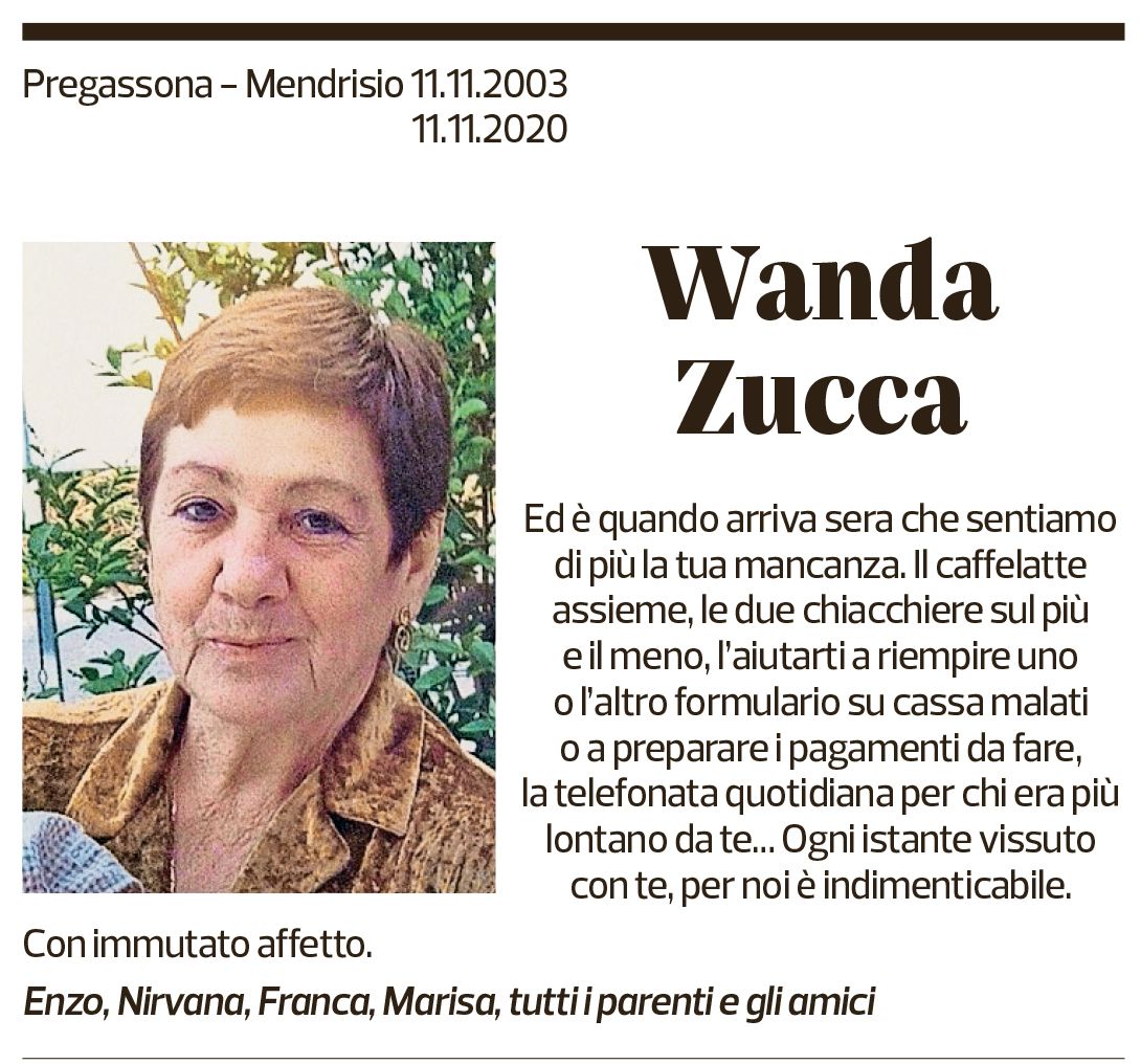 Annuncio funebre Wanda Zucca