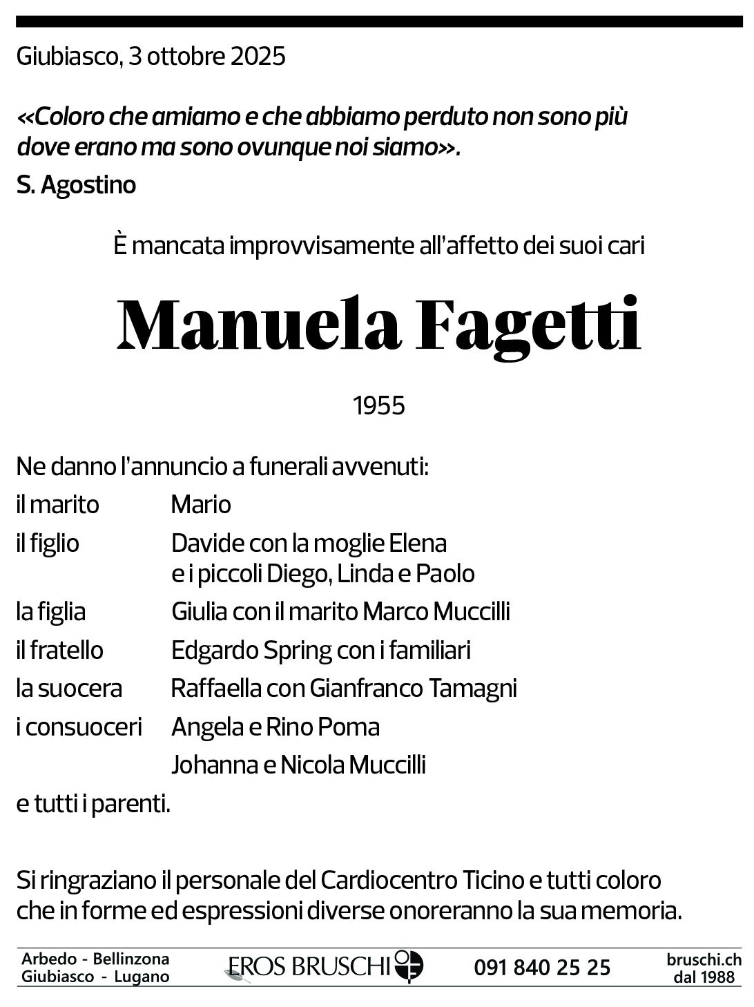 Annuncio funebre Manuela Fagetti