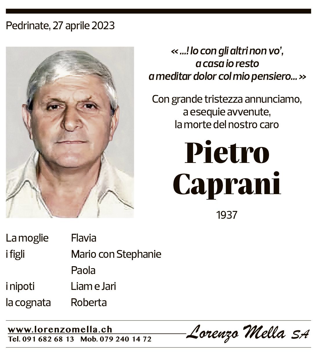 Annuncio funebre Pietro Caprani