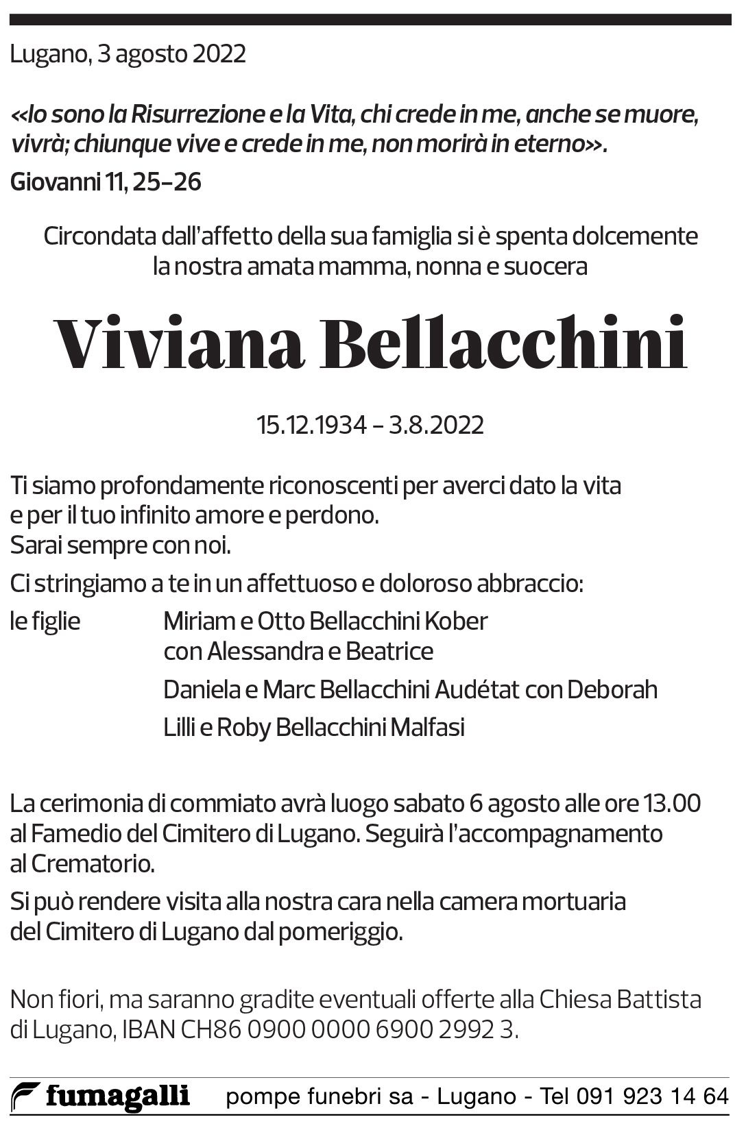 Annuncio funebre Viviana Bellacchini