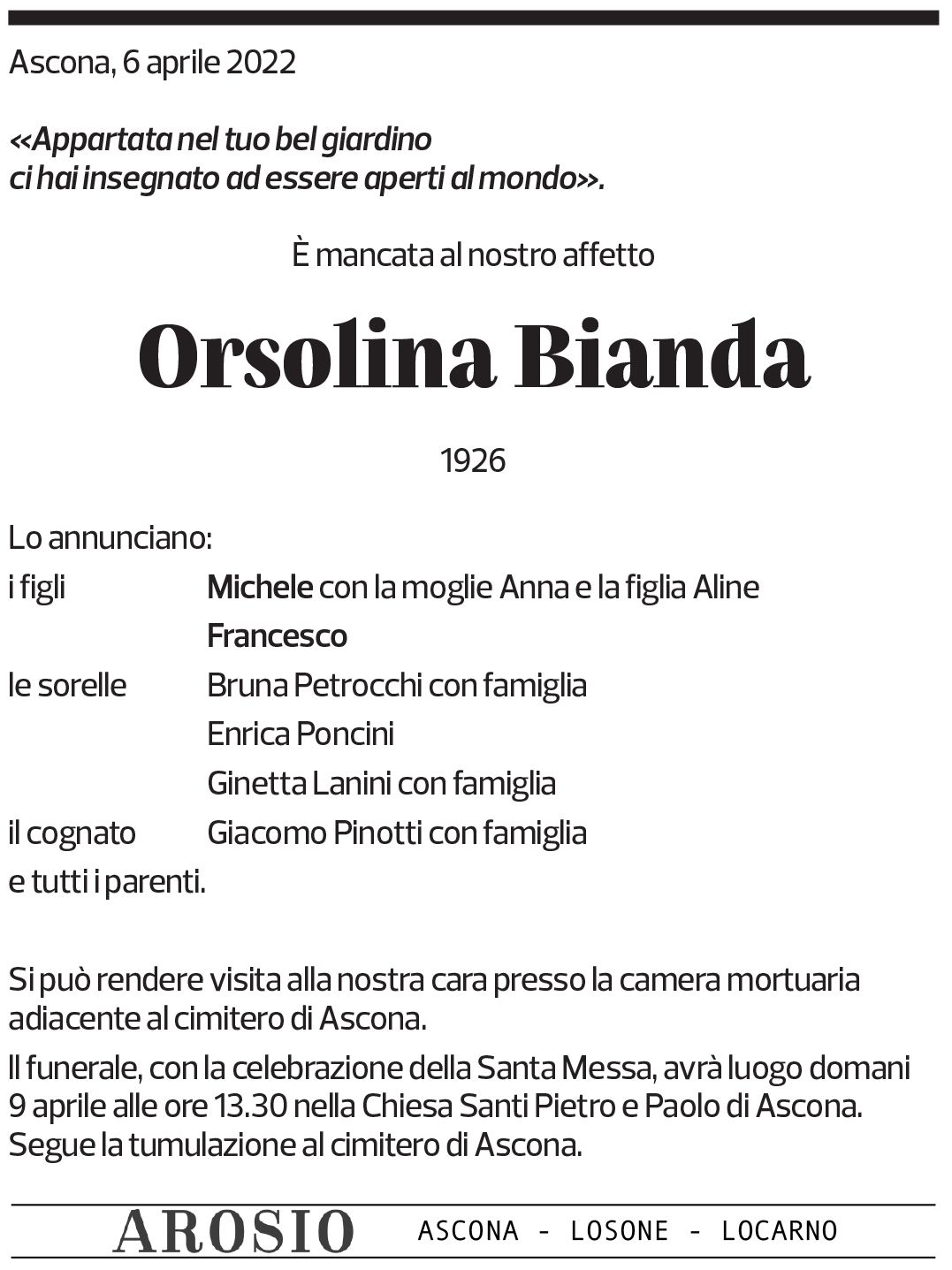 Annuncio funebre Orsolina Bianda