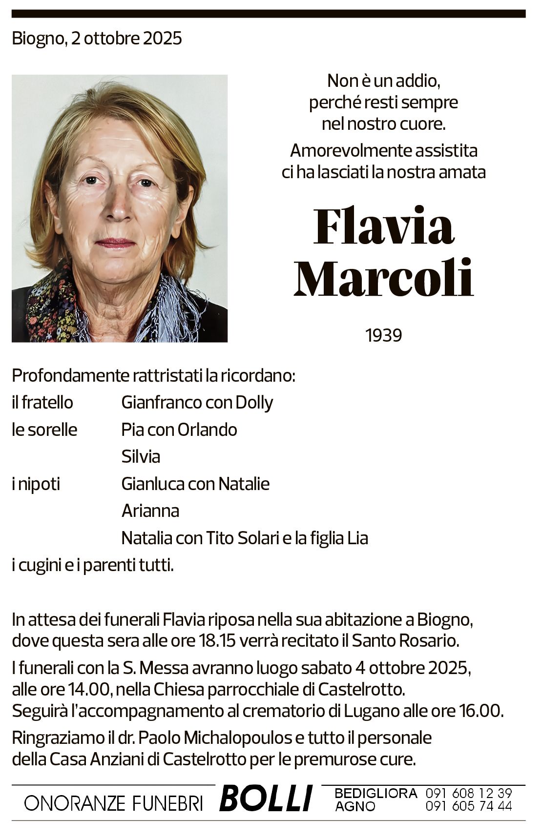 Annuncio funebre Flavia Marcoli