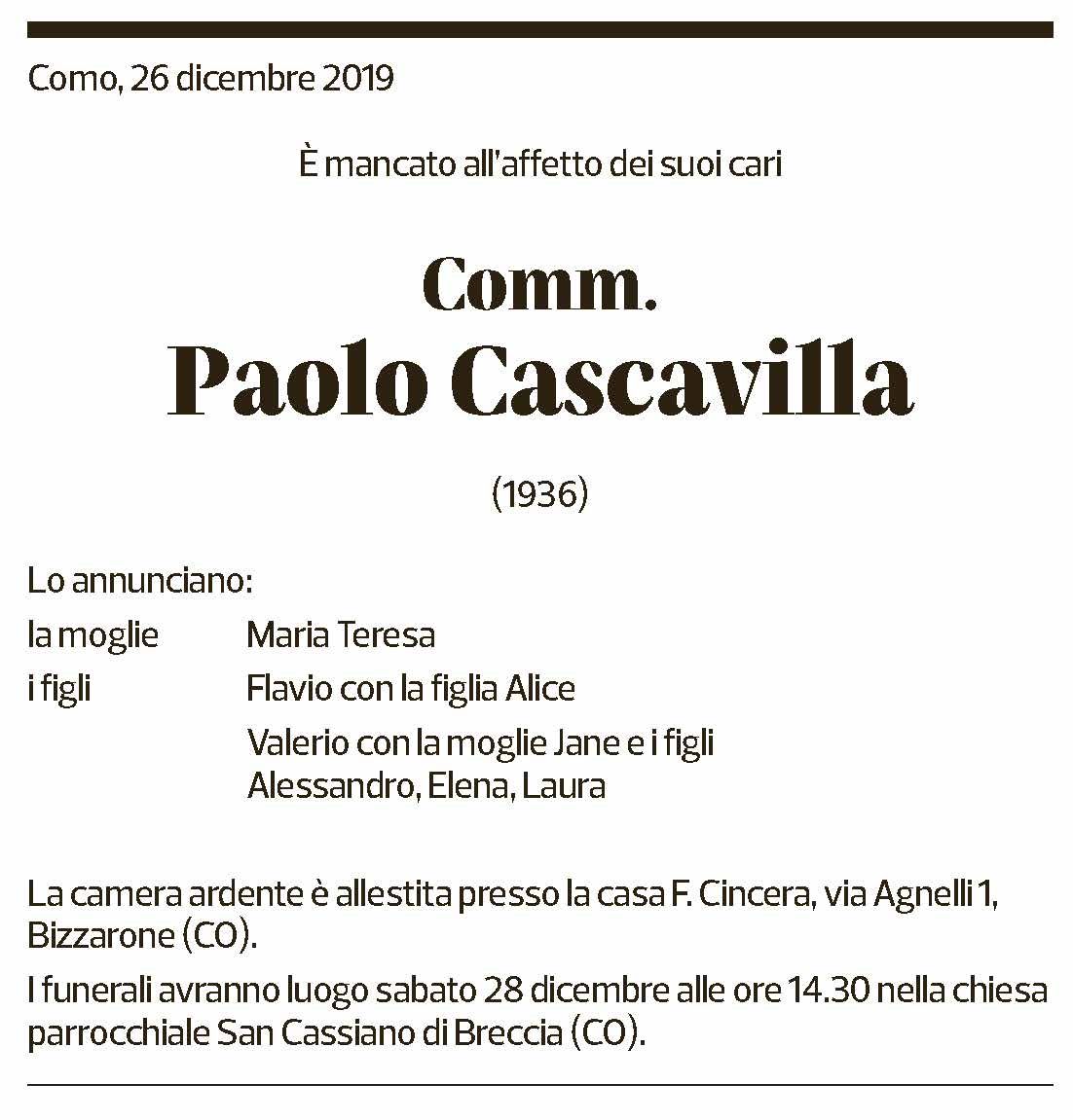Annuncio funebre Paolo Cascavilla