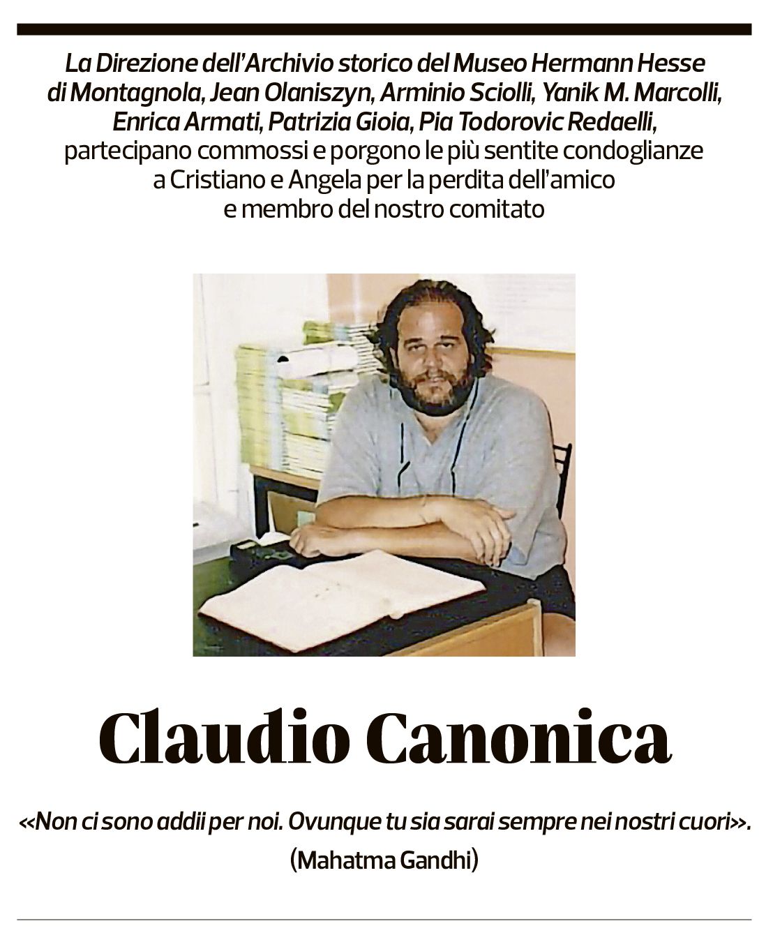 Annuncio funebre Claudio Canonica