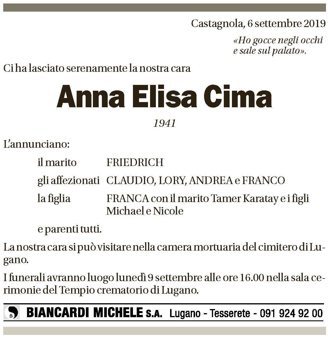 Annuncio funebre Anna Elisa Cima