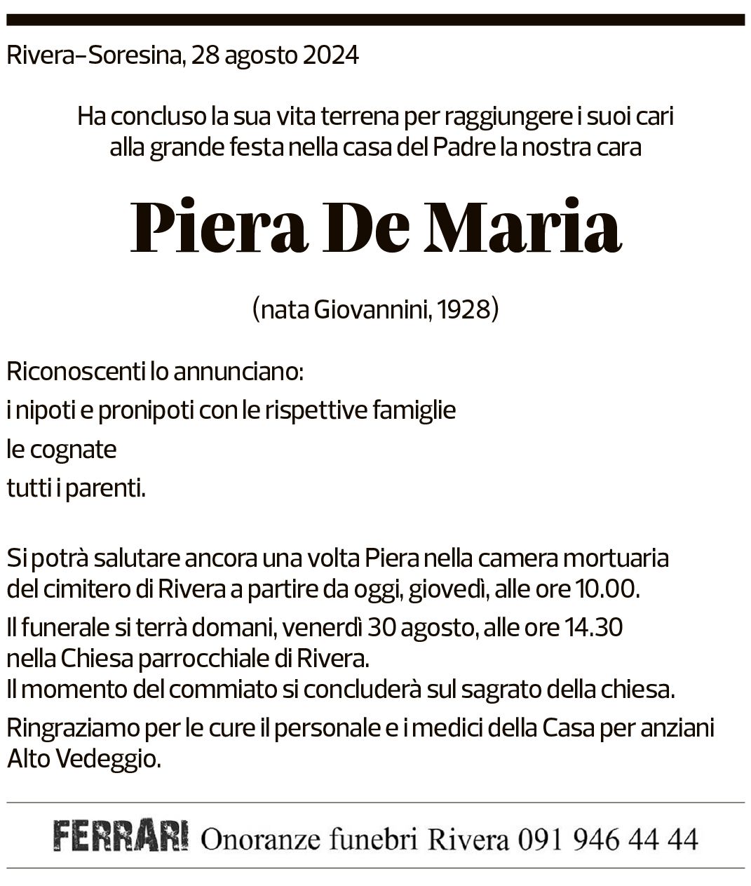 Annuncio funebre Piera De Maria