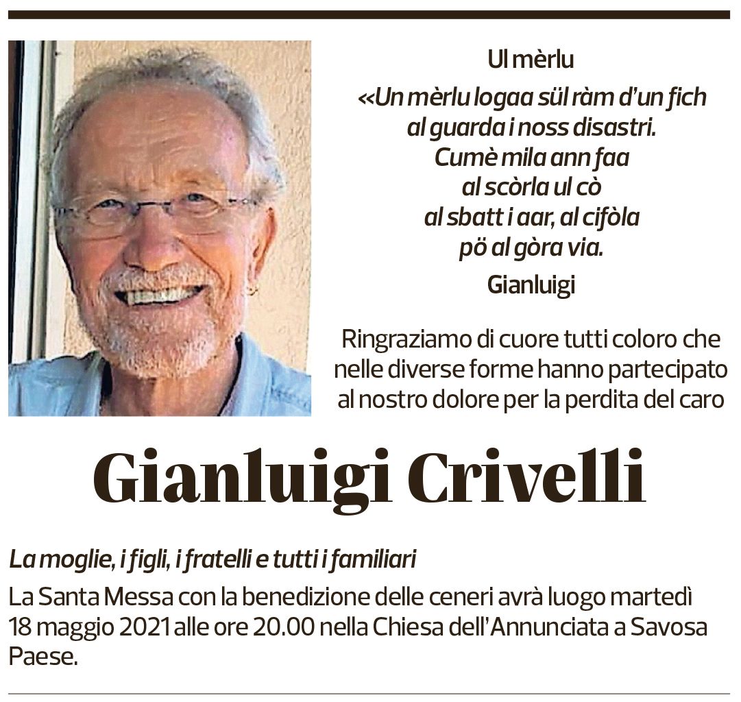 Annuncio funebre Gianluigi Crivelli