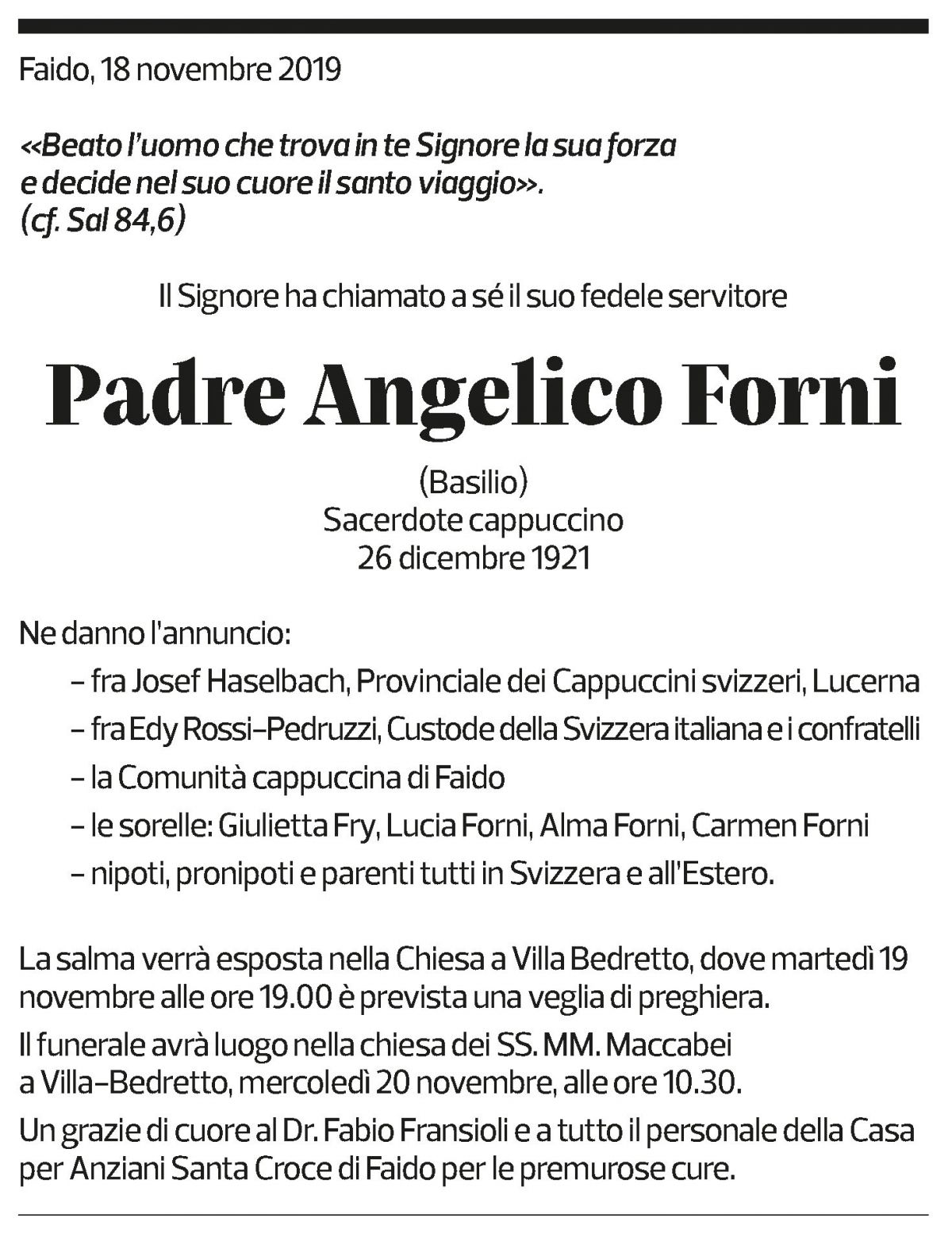 Annuncio funebre Padre Angelico Forni