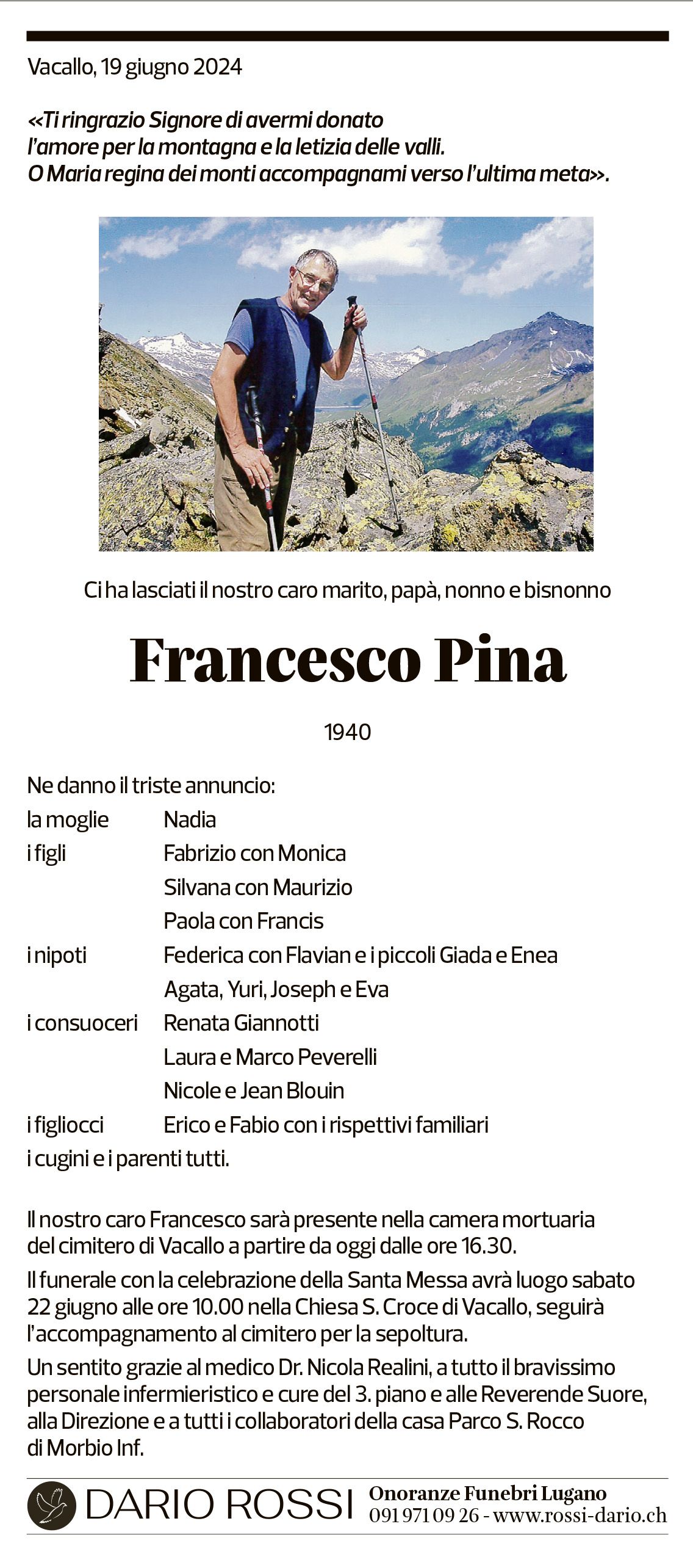 Annuncio funebre Francesco Pina