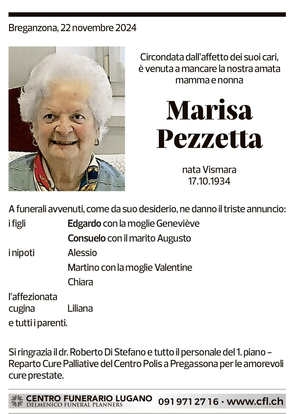 Annuncio funebre Marisa Pezzetta