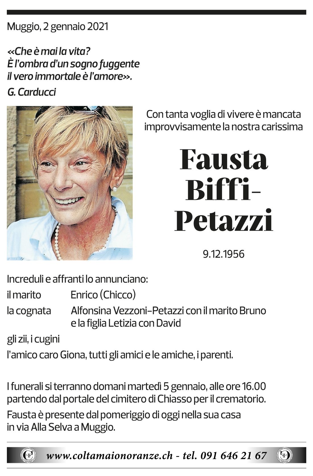 Annuncio funebre Fausta Biffi-petazzi