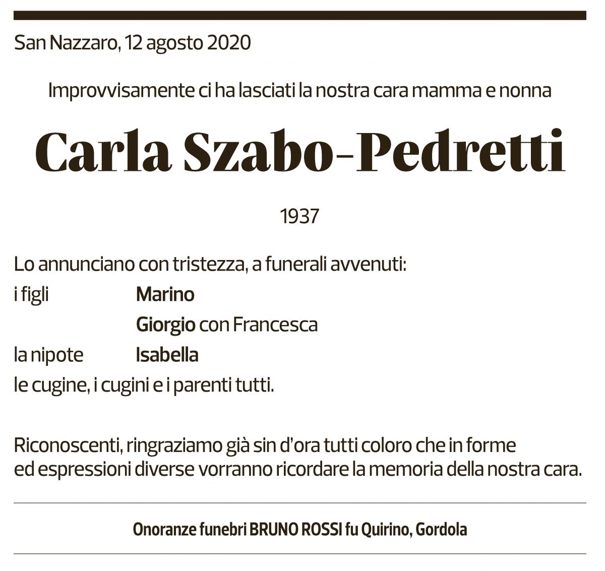 Annuncio funebre Carla Szabo-pedretti