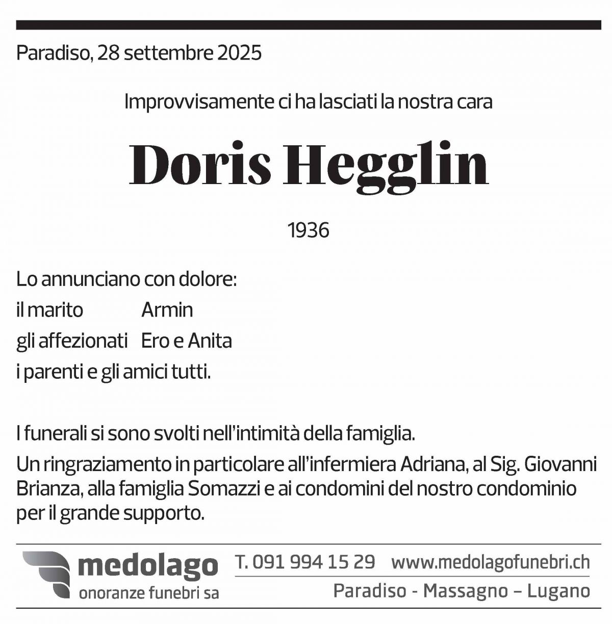 Annuncio funebre Doris Hegglin