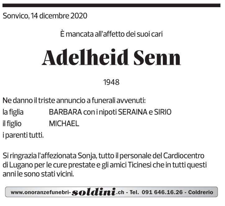 Annuncio funebre Adelheid Senn