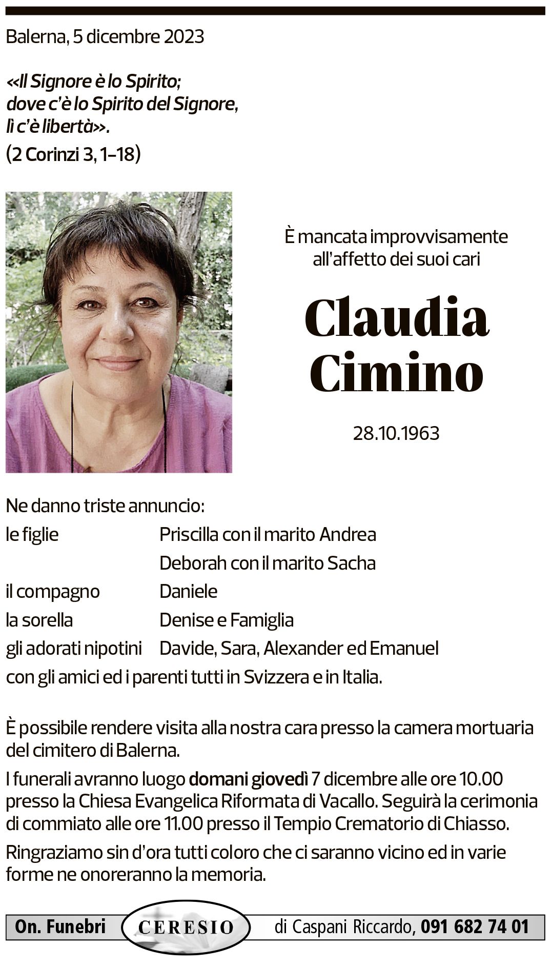 Annuncio funebre Claudia Cimino