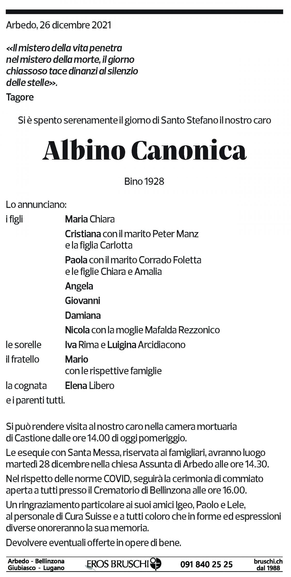 Annuncio funebre Albino Canonica