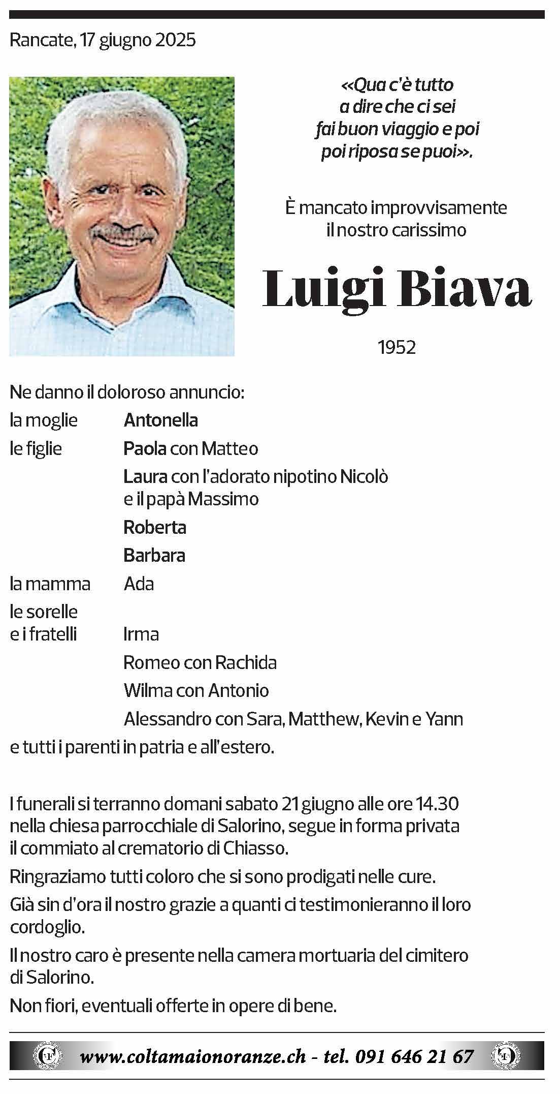 Annuncio funebre Luigi Biava
