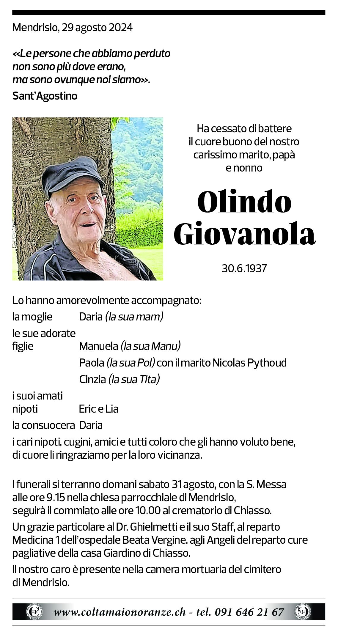 Annuncio funebre Olindo Giovanola