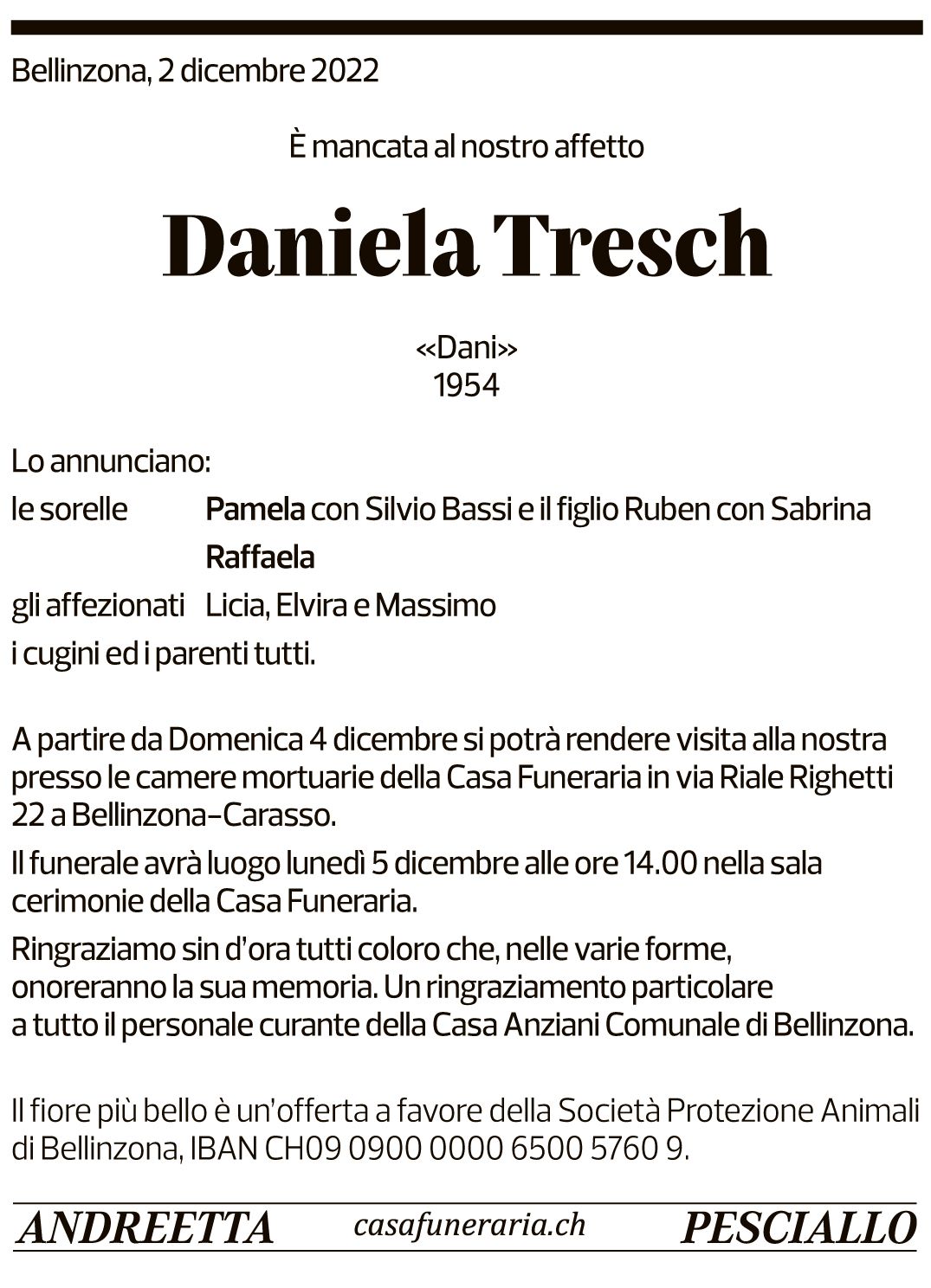 Annuncio funebre Daniela Tresch