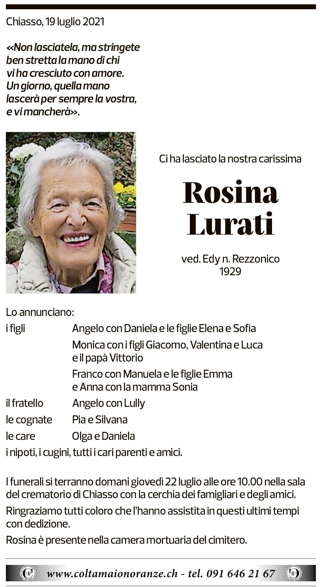 Annuncio funebre Rosina Lurati