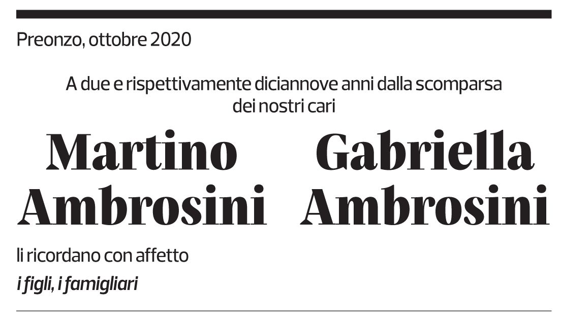Annuncio funebre Martino Ambrosini Gabriella Ambrosini