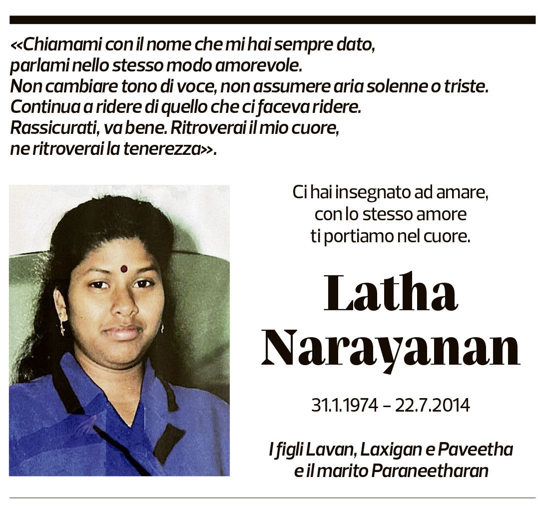 Annuncio funebre Latha Narayanan