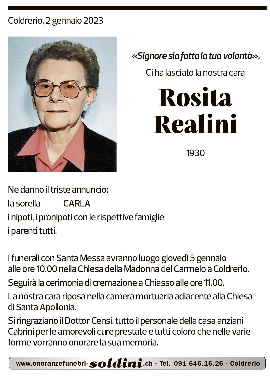 Annuncio funebre Rosita Realini