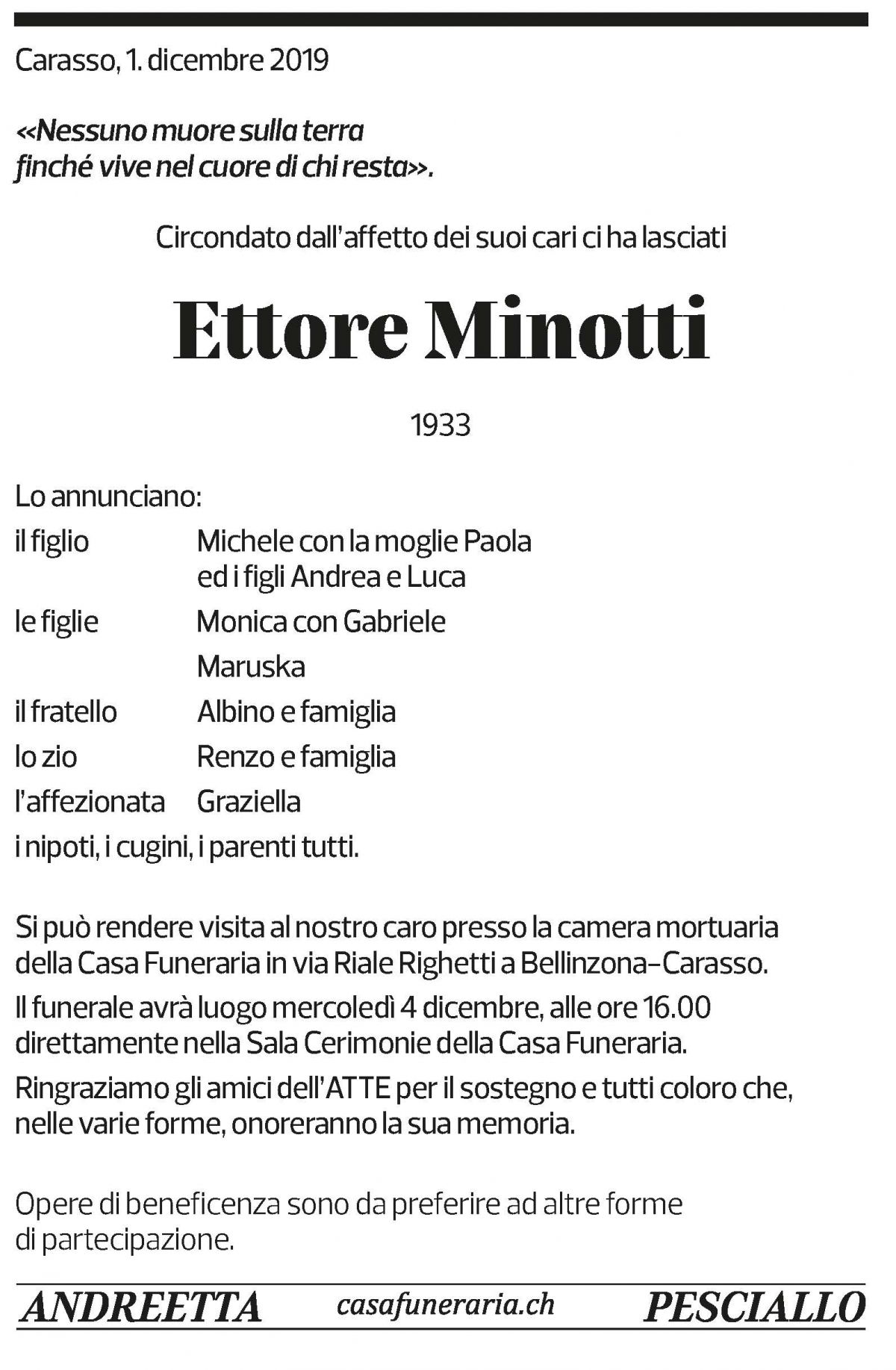Annuncio funebre Ettore Minotti