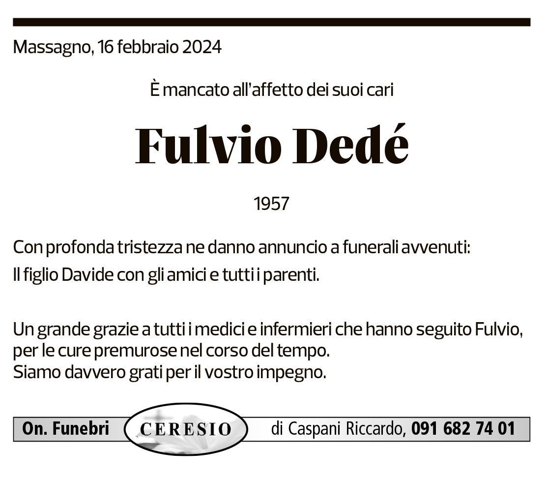 Annuncio funebre Fulvio Dedé