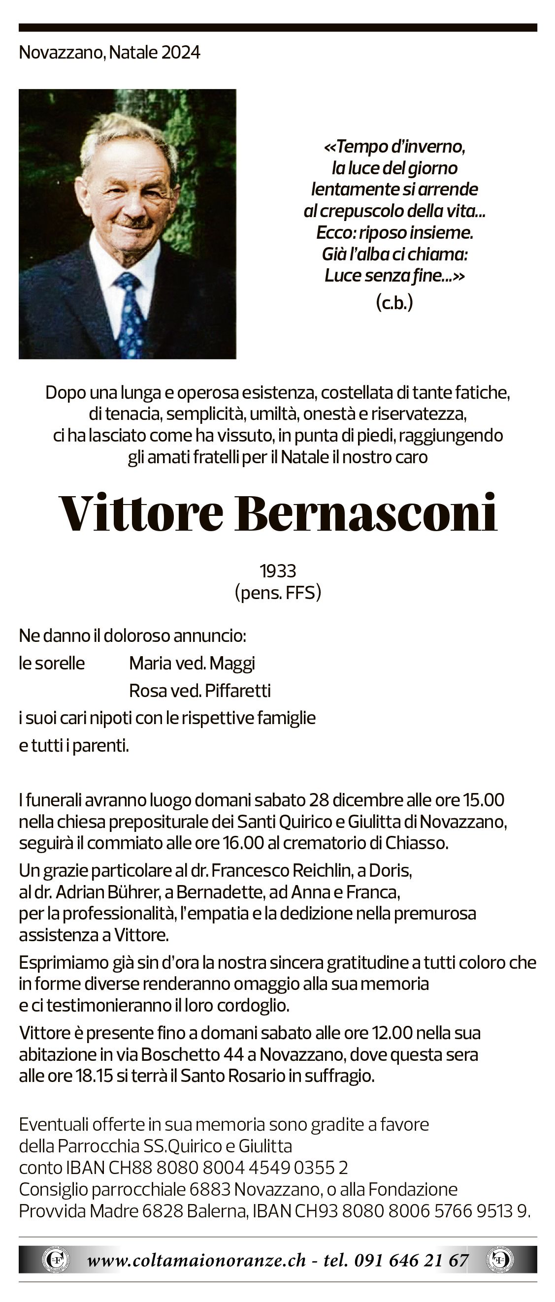 Annuncio funebre Vittore Bernasconi