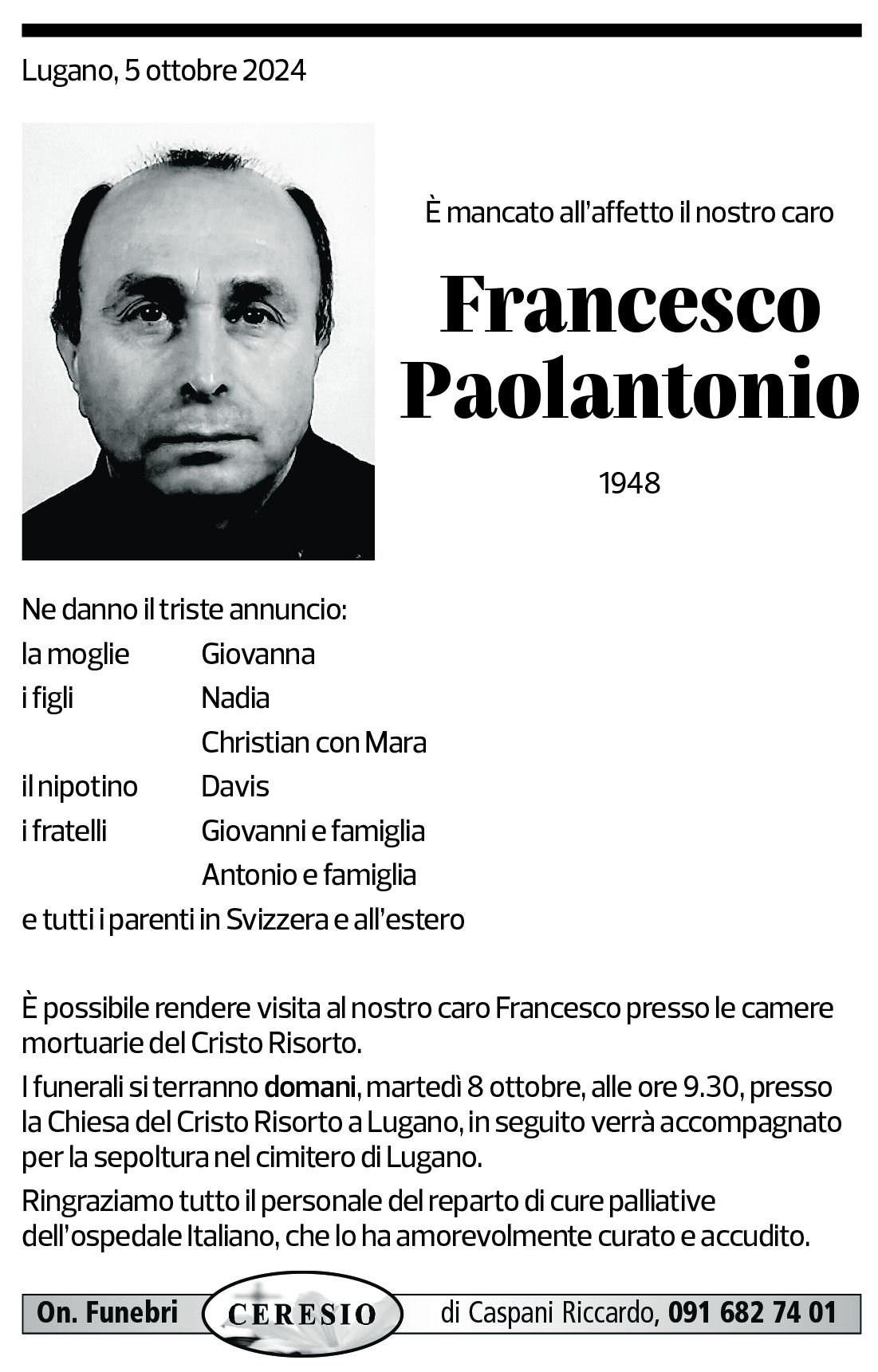 Annuncio funebre Francesco Paolantonio