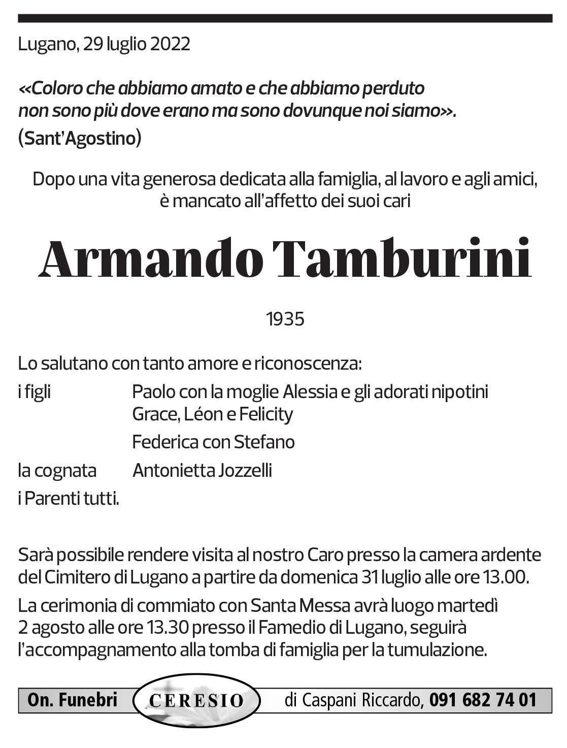 Annuncio funebre Armando Tamburini