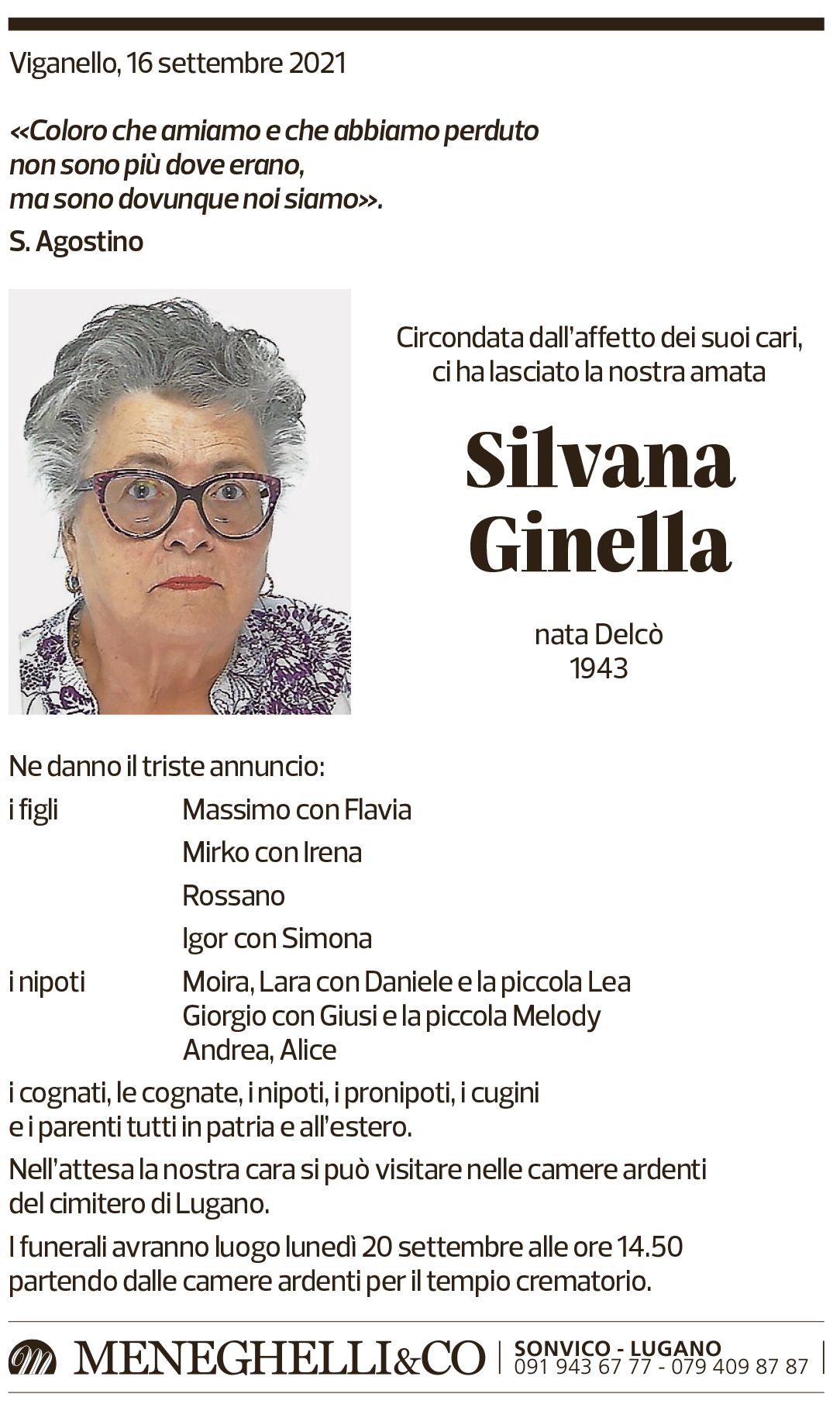 Annuncio funebre Silvana Ginella