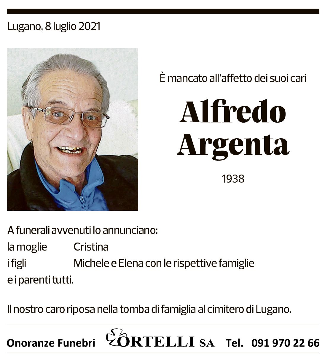 Annuncio funebre Alfredo Argenta