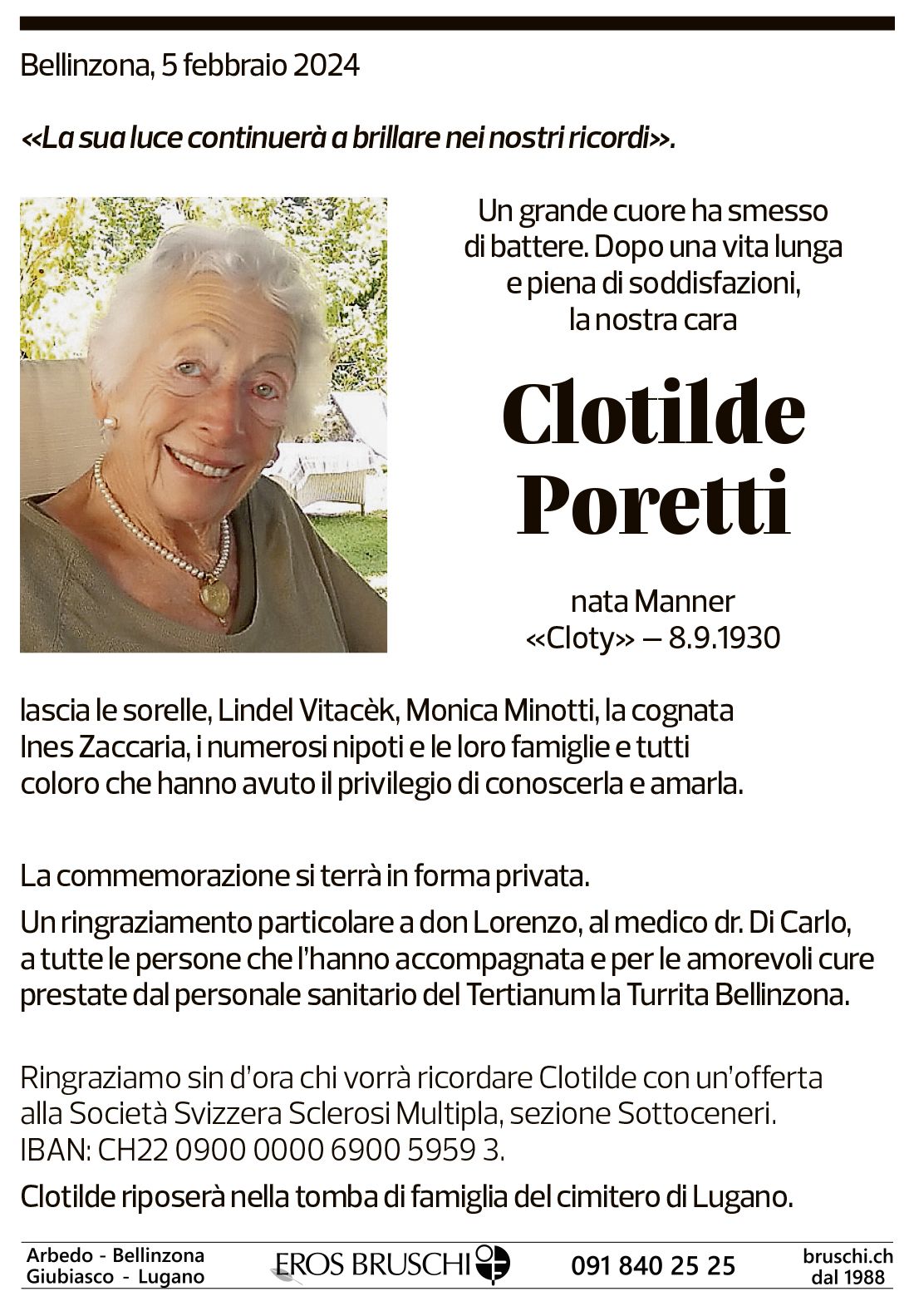 Annuncio funebre Clotilde Poretti