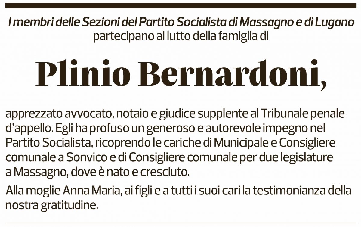 Annuncio funebre Plinio Bernardoni