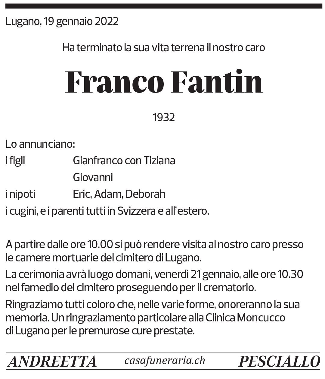 Annuncio funebre Franco Fantin