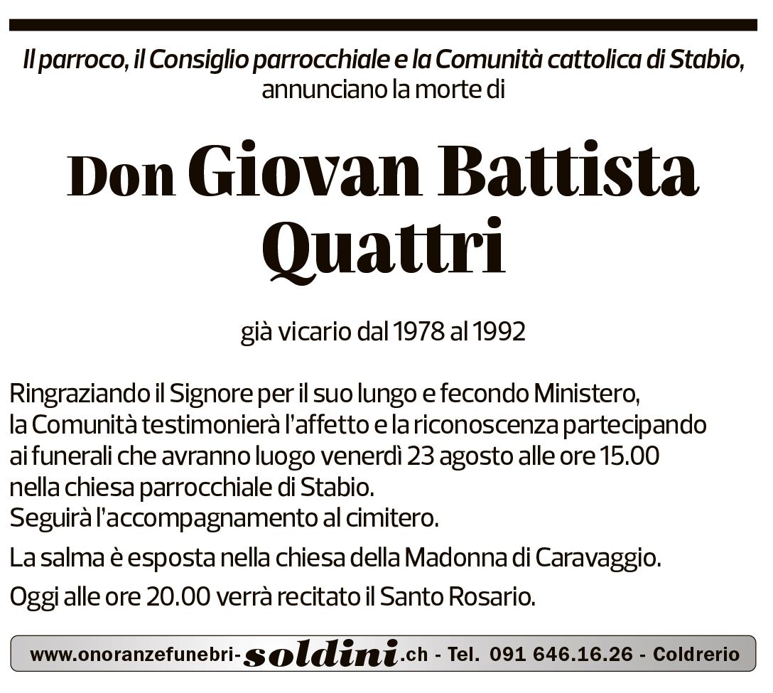 Annuncio funebre Giovan Battista Quattri