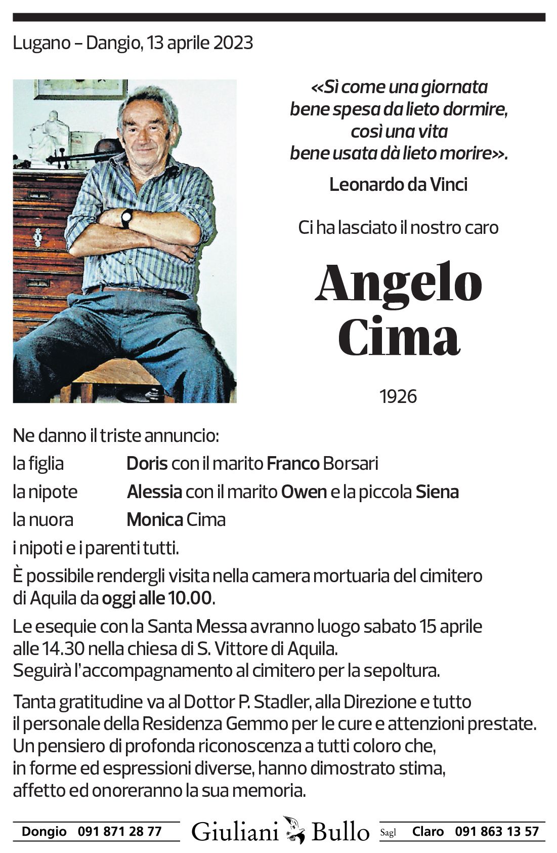 Annuncio funebre Angelo Cima