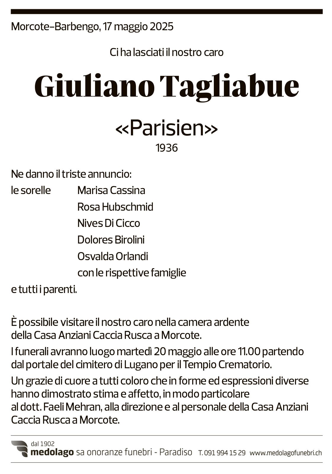 Annuncio funebre Giuliano Tagliabue