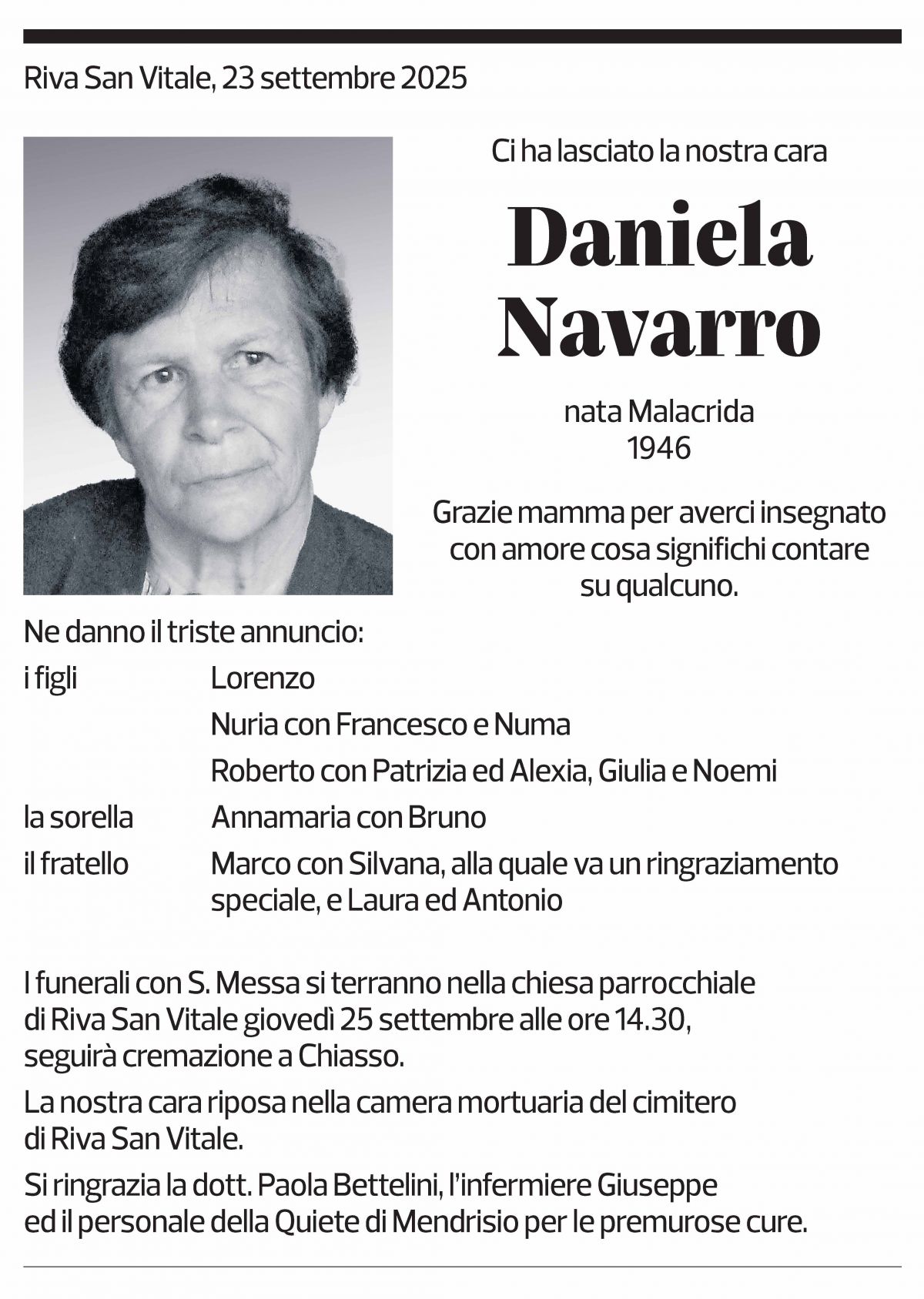 Annuncio funebre Daniela Navarro