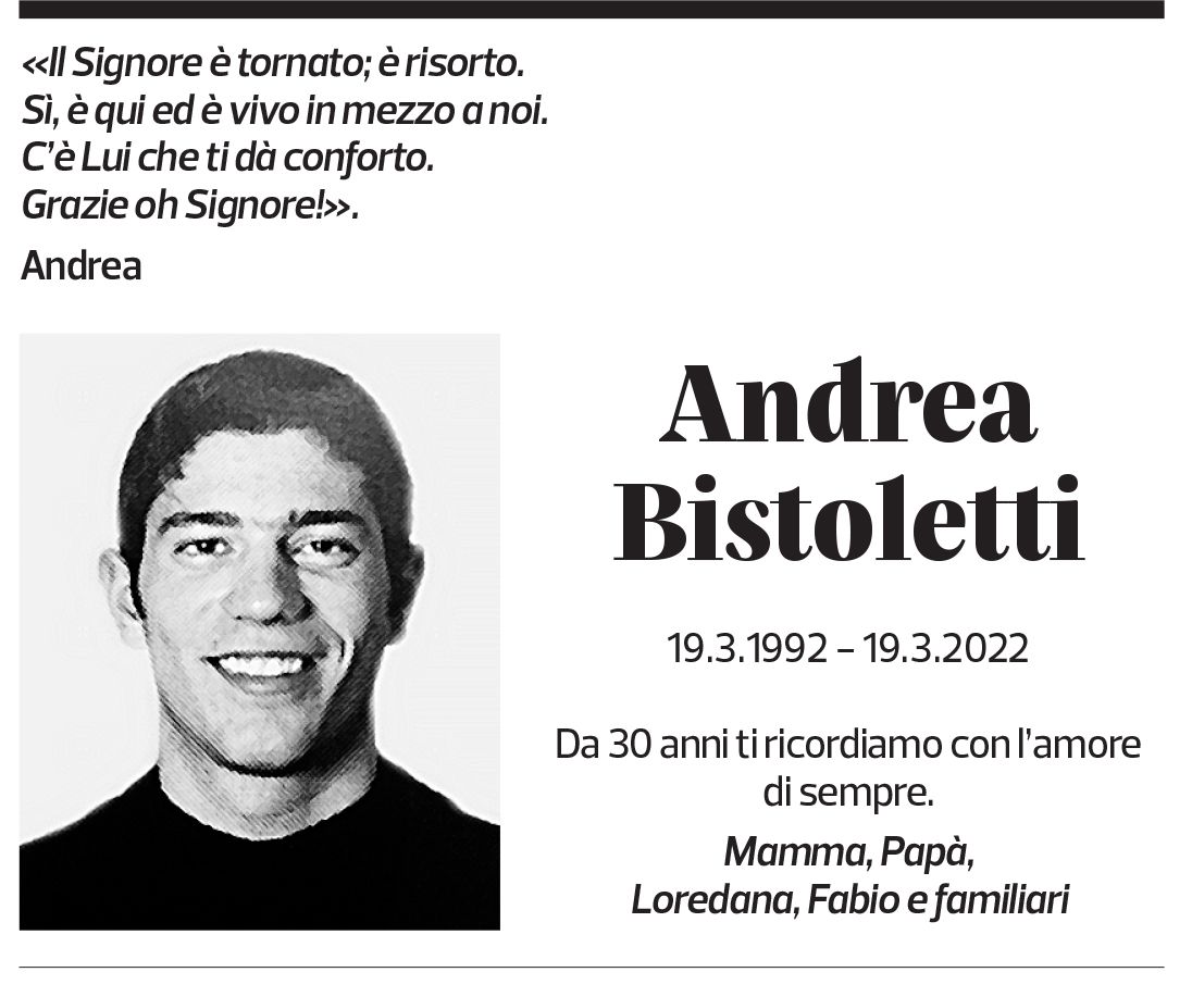 Annuncio funebre Andrea Bistoletti