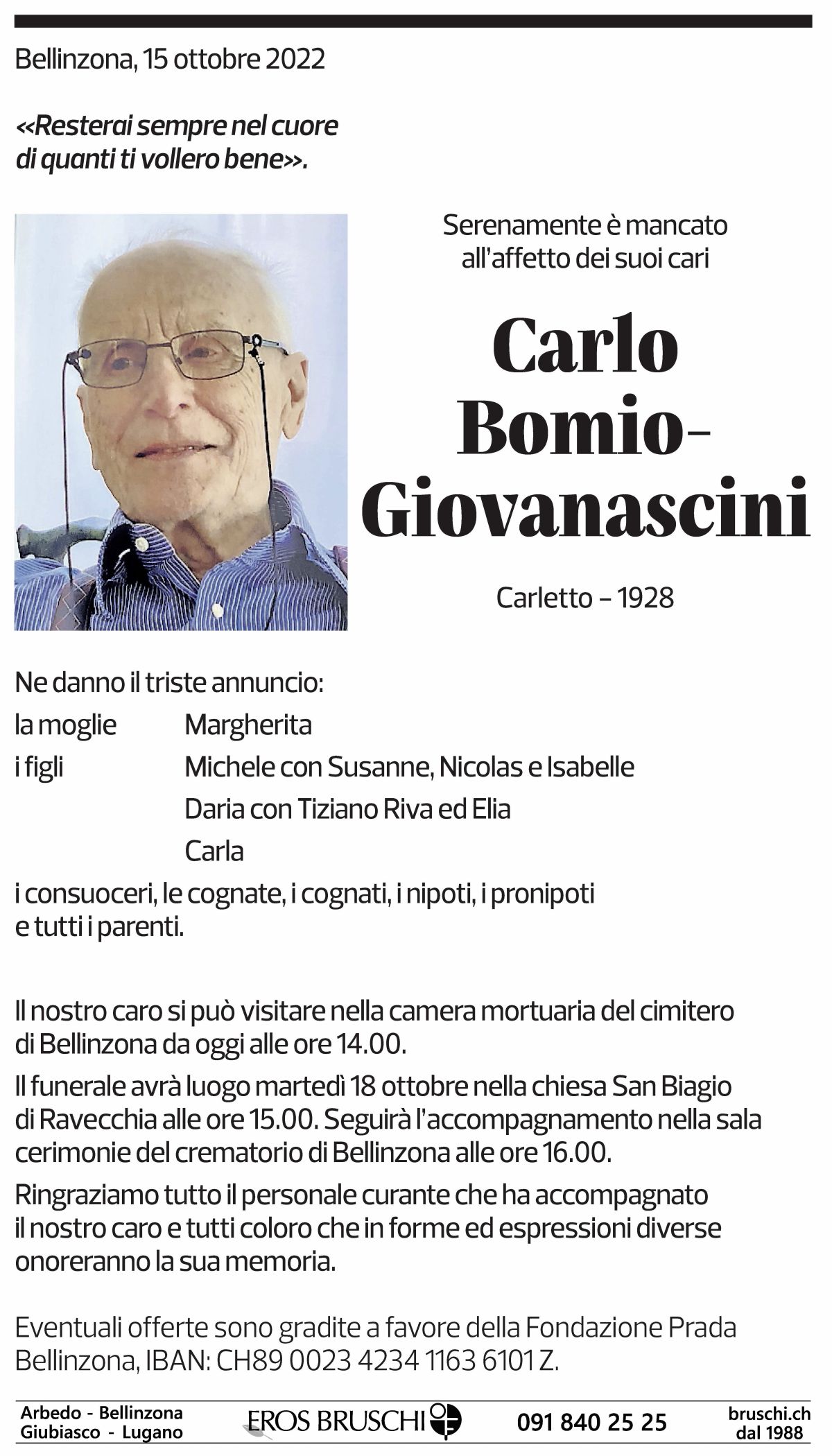 Annuncio funebre Carlo Bomio - Giovanascini