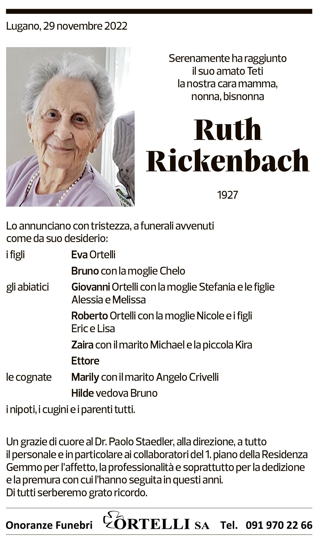 Annuncio funebre Ruth Rickenbach