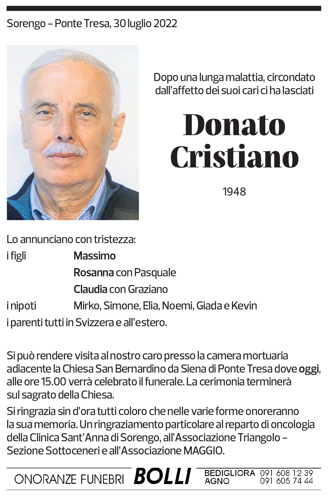 Annuncio funebre Donato Cristiano