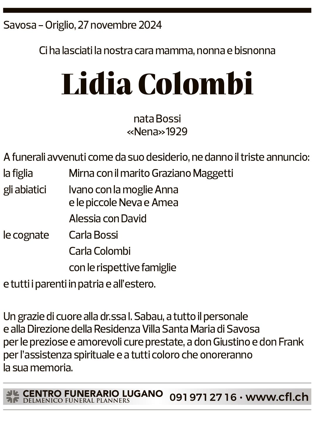 Annuncio funebre Lidia Colombi