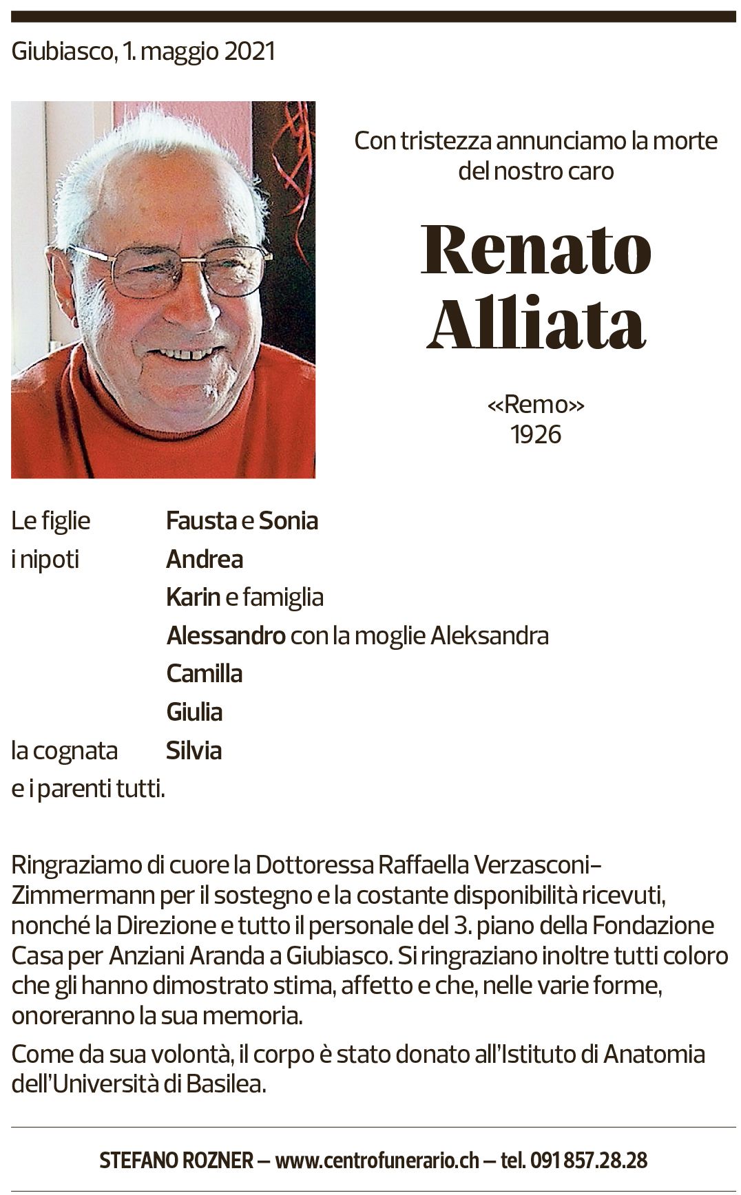 Annuncio funebre Renato Alliata